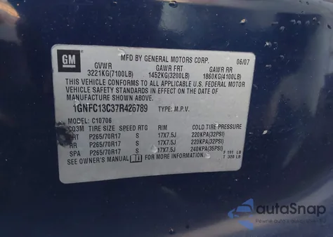 2007 Chevrolet Tahoe Ls из США, поврежденный, VIN 1GNFC13C37R426789